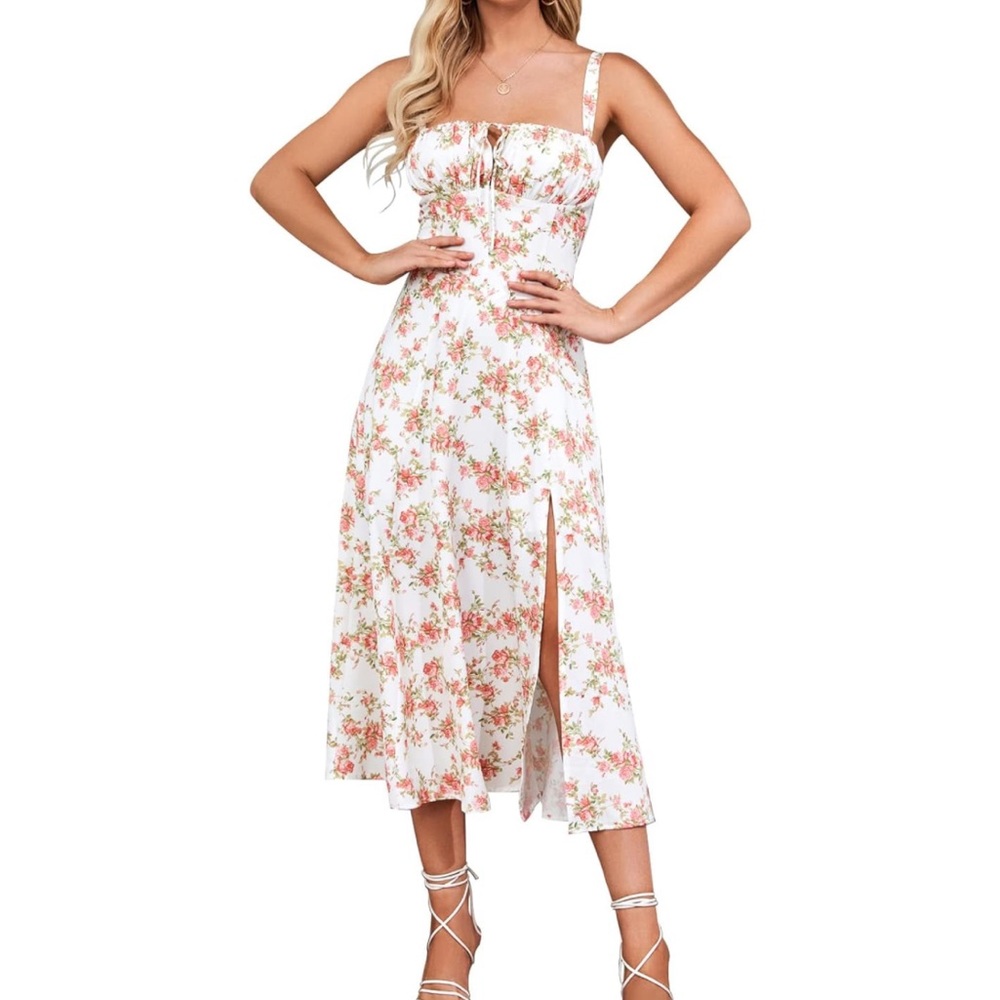 Floral Midi Corset Dress Boho Flowy Slit Lace Up Dresses Sundress Size 4-6